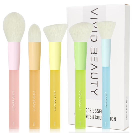 5pcs Multi Color Face Makeup Brush set – Powder, Kabuki, Angled Fluff, Blush Brushes with Vegan Bristles That Mimic Natural Wool – Non-Slip Rubber Handles – Perfect for Contouring, Setting, Blending