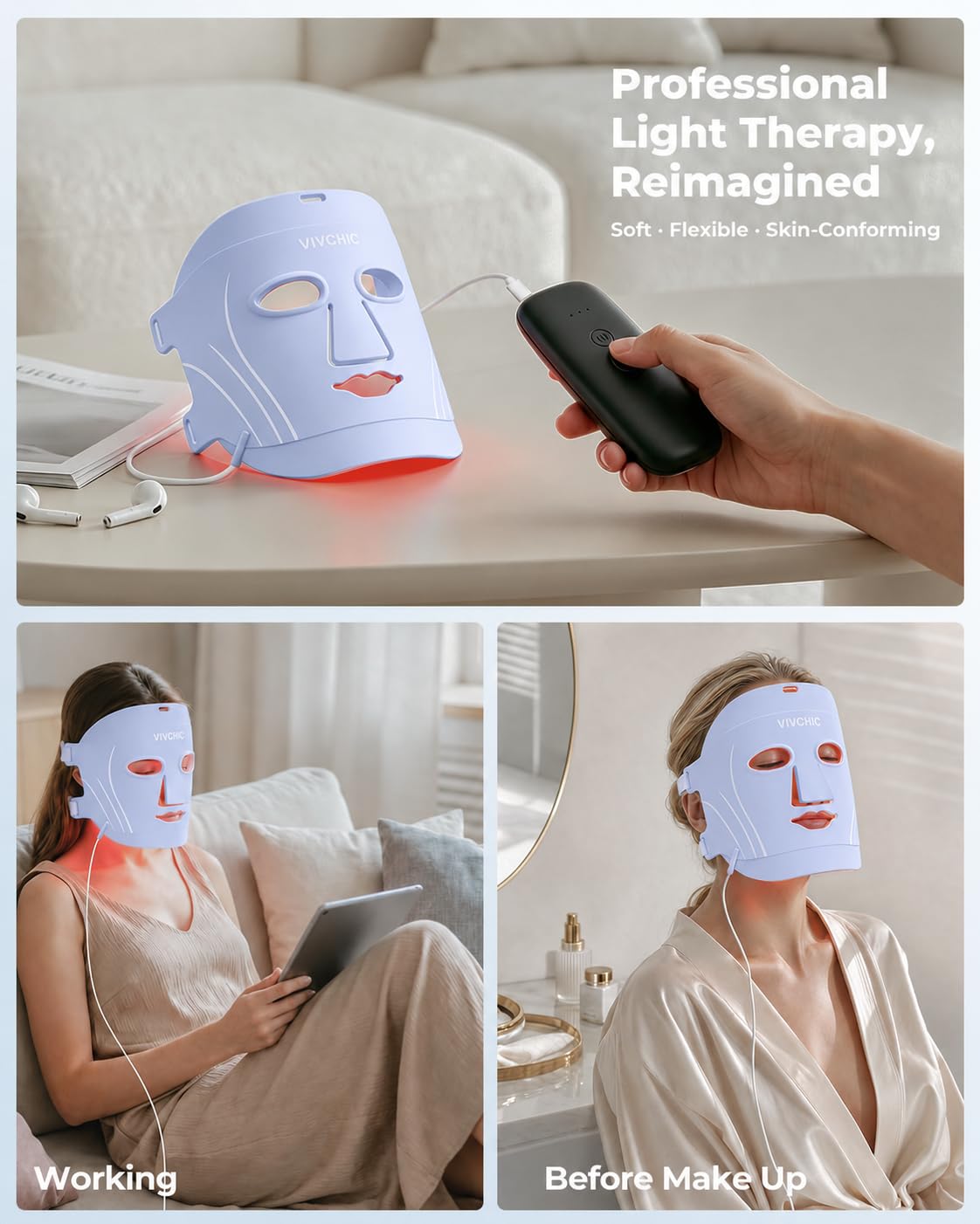 VIVCHIC LED Face Mask, FDA Cleared Red Light Therapy for At-Home Anti Aging