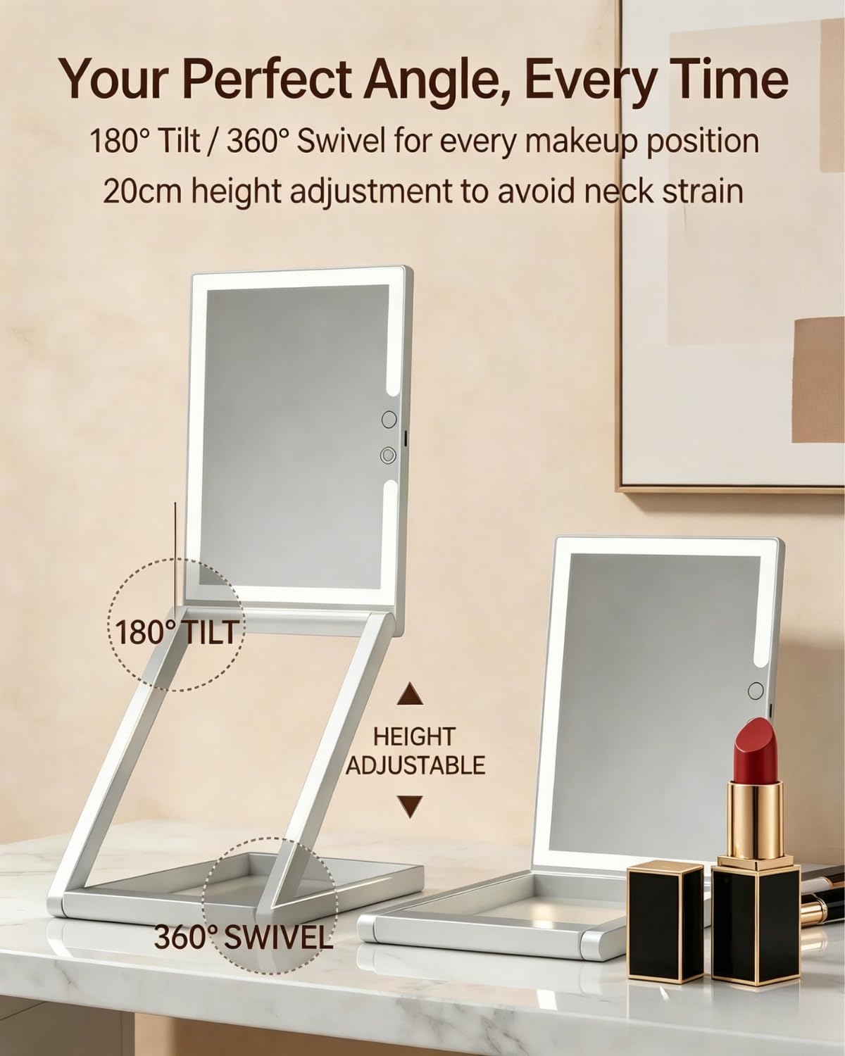 TOLOYE Makeup Mirror with Lights and Magnification 10X, Foldable Rechargeable Travel Led Makeup Mirror with Adjustable Stand, 3 Color Lights Stepless Dimming, Gifts for Women Wife Mom