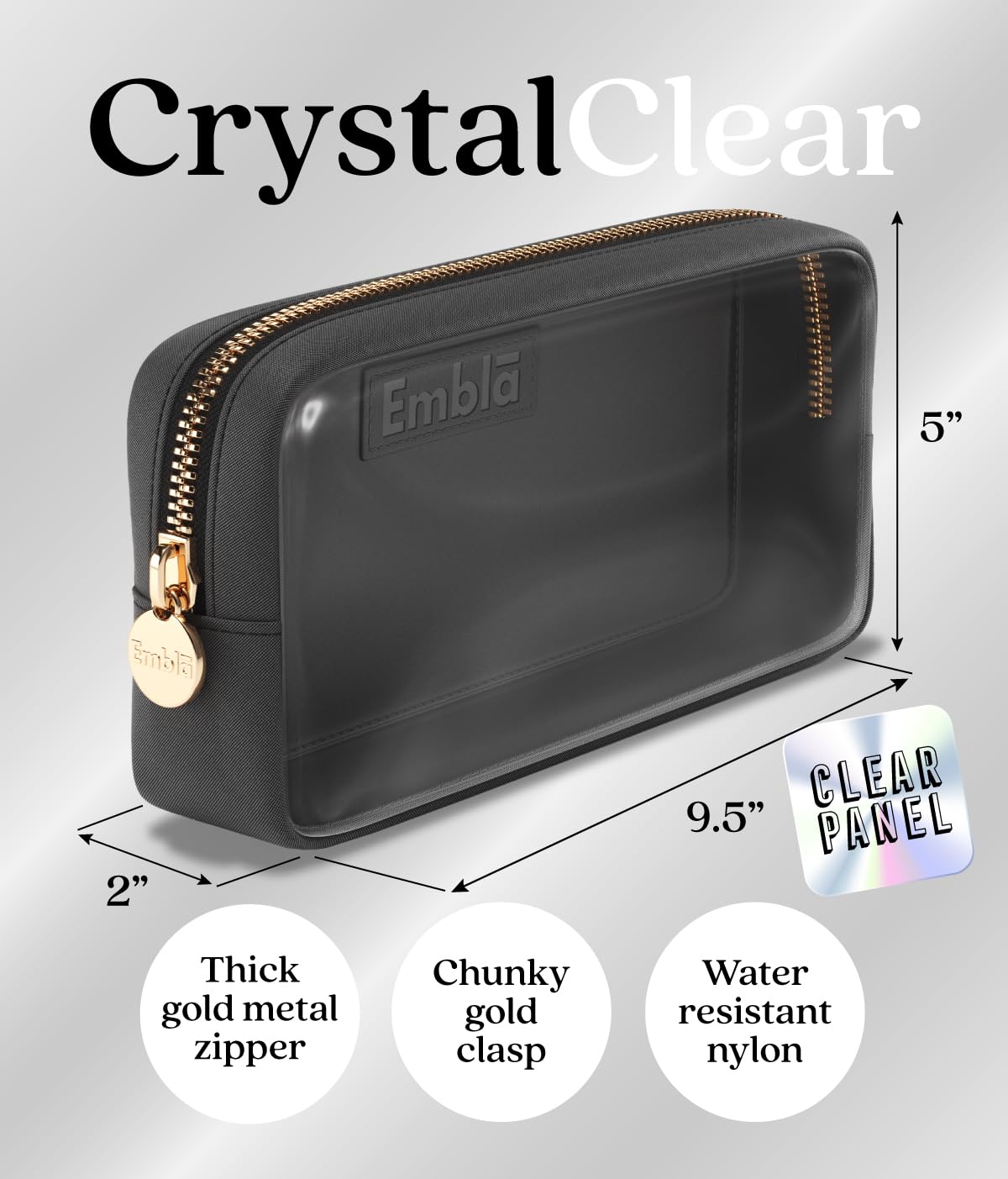 Embla Clear Cosmetic Bag Makeup Case, Clear Zipper Make Up Pouch and Toiletry Travel Tote, Cute Skincare Pouches for Women Girls, Preppy Purse Cosmetic Organizer, Small Makeup Bags, Black