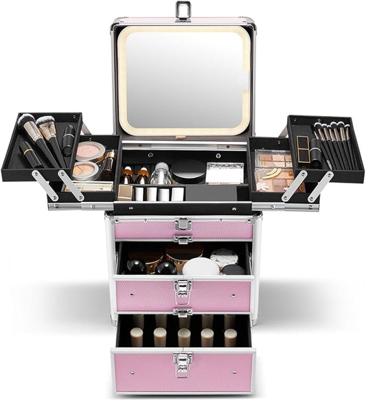 Qislee Makeup Box with Double Drawers and Four Trays, A Detachable Lighted Mirror, Waterproof Travel Train Case, Cosmetic Organizer and Makeup Suitcase with Magnetic LED Mirror(ICY Pink)