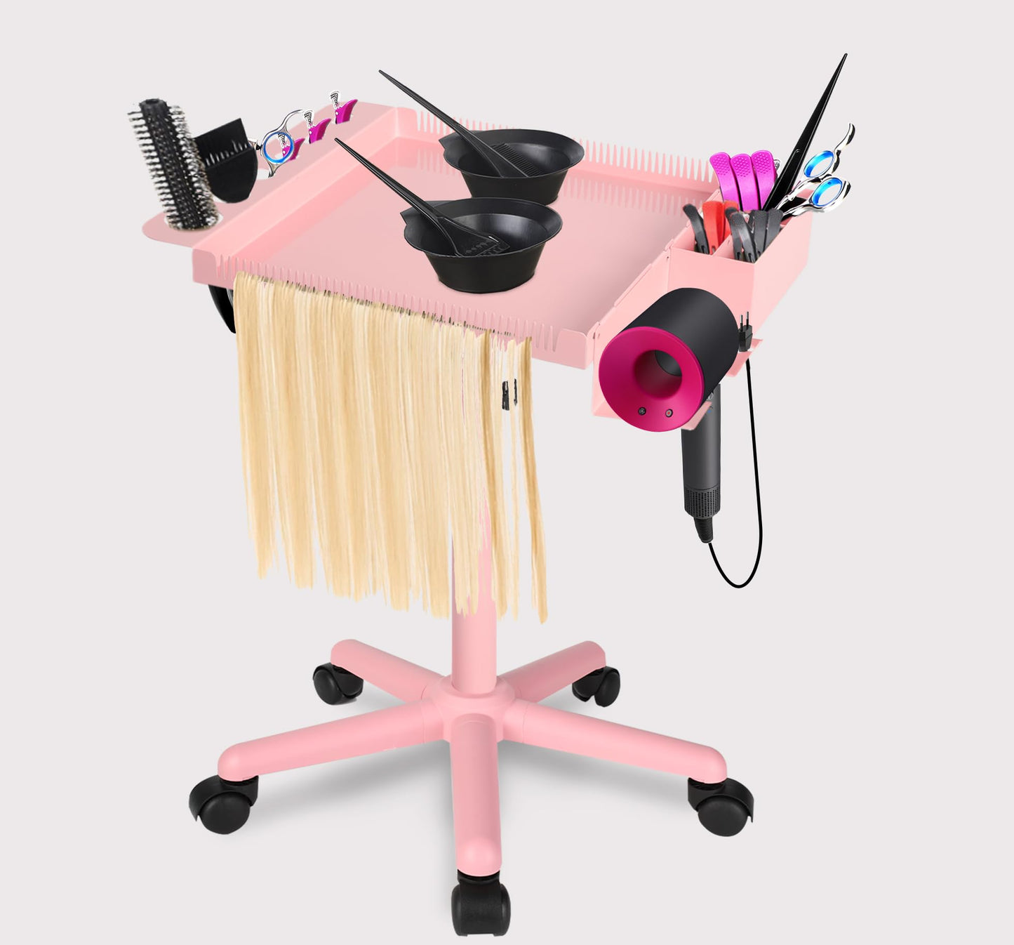 LKT COBTAC Extension Salon Tray Hair Extension Cart Tray Pink Multi-Function Extensions Rolling Tray with Blow Dryer Holder and Storage Platform