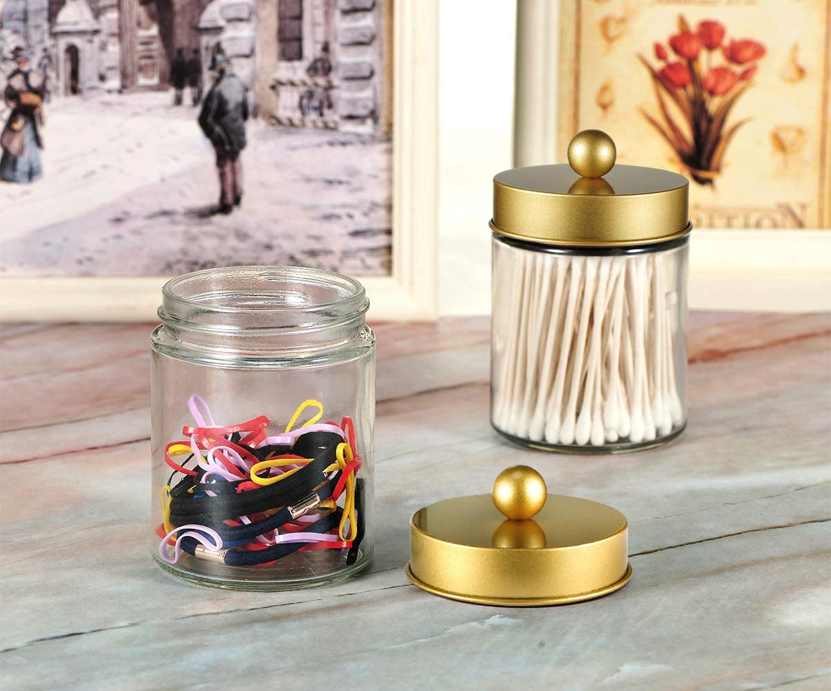 Amolliar 4 Pc Glass Apothecary Jars - Countertop Qtip Dispenser Holder with Stainless Steel Lids &Cute Stickers -Bathroom Vanity Storage Organizer Set for Qtips,Cotton Swabs,Makeup Sponges(Gold)