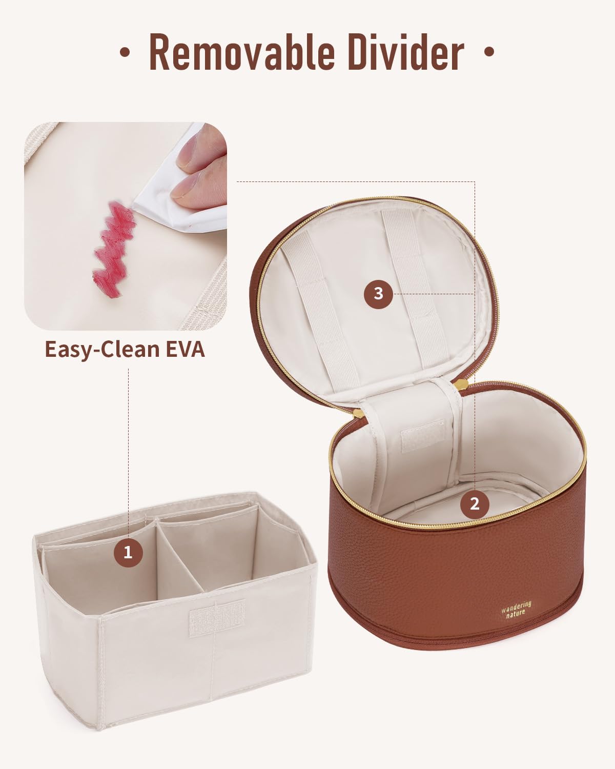 Wandering Nature Travel Makeup Bag for Women, Structured Vanity Case with Wipe-Clean EVA Interior & Removable Divider, Brush Loops, Fold-Flat PU Leather Makeup Case with Handle