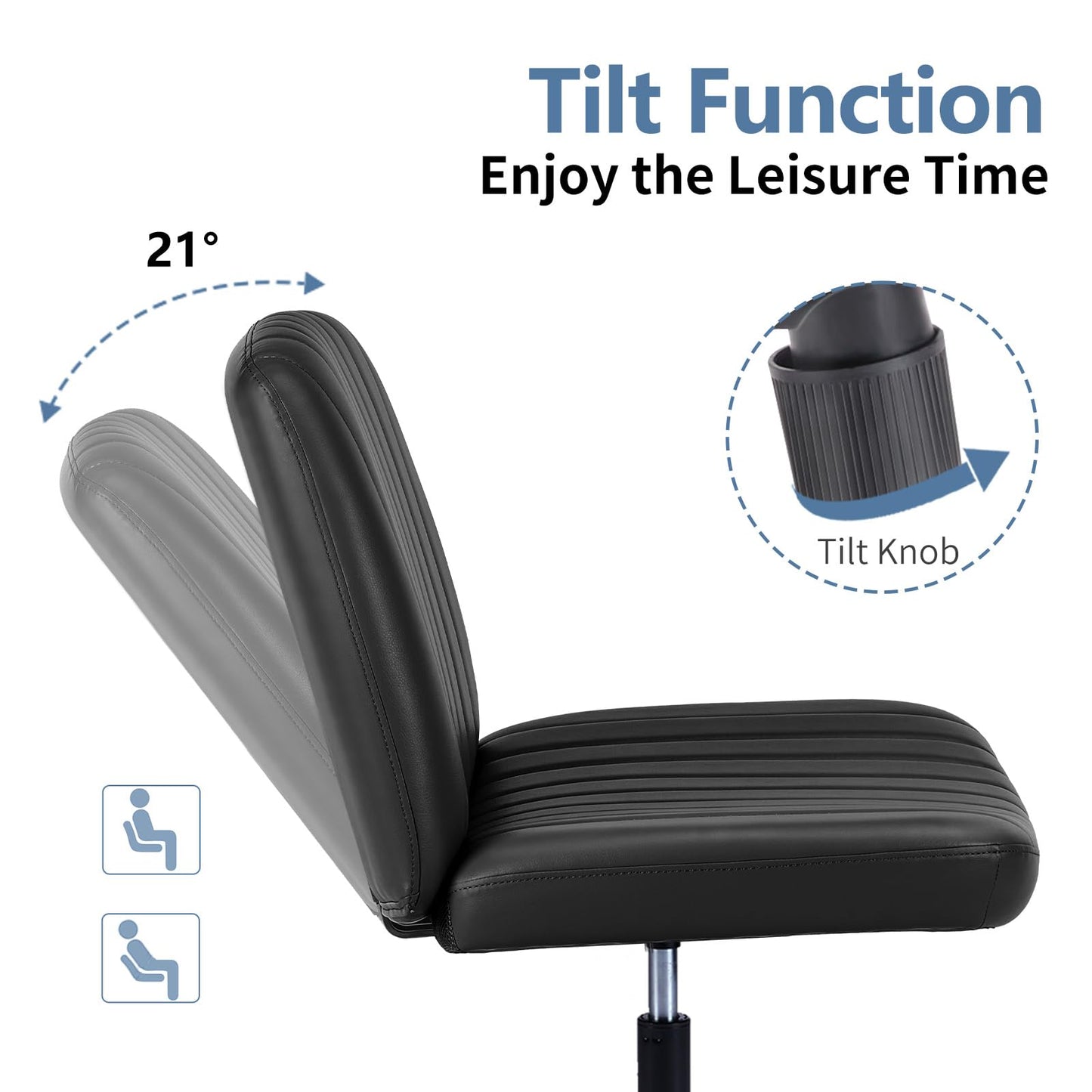 DUMOS Criss Cross Chair No Wheels, Wide Seat Cross Legged Office Desk Vanity Chair, Faux Leather Armless Height Adjustable Swivel Task Computer Chairs for Home, Study, Black PU