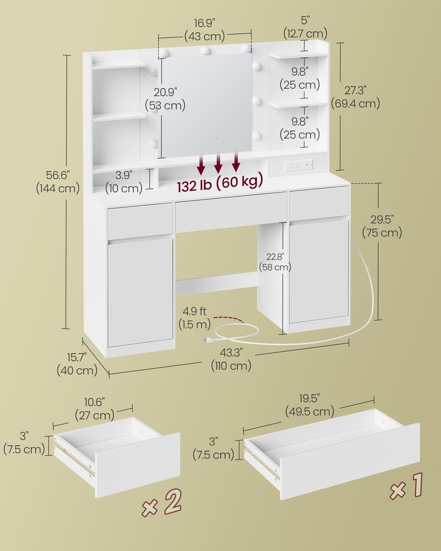 VASAGLE KAILYN Collection - Vanity Desk with Mirror and 9 LED Bulbs, Modern Vanity Makeup Table with Power Outlets, Dressing Table with 2 Cabinets, for Bedroom, Cloud White URDT142WB01S