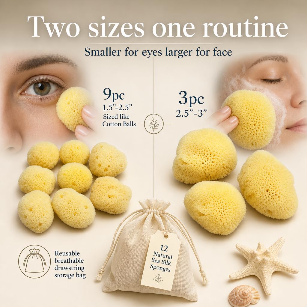 Constantia Beauty® Natural Sea Silk Sponges 12pack, use like Cotton Balls, Cosmetic Grade, Makeup Application Blending & Removal, Face & Eye Cleaning, Size 9pc x1.5"-2.5" 3pc x 2.5"-3" Reuseable Bag