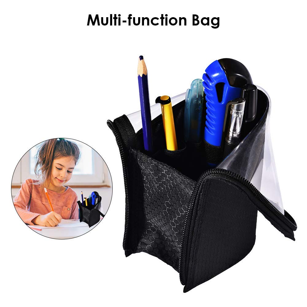 couragejoy Travel Make-up Brush Holder Organizer Bag，Clear Plastic&Oxford Cosmetic Zippered Case，Portable Waterproof Stand-Up Makeup Brush Pouch, Professional Artist Small Toiletry Cup (Black)…