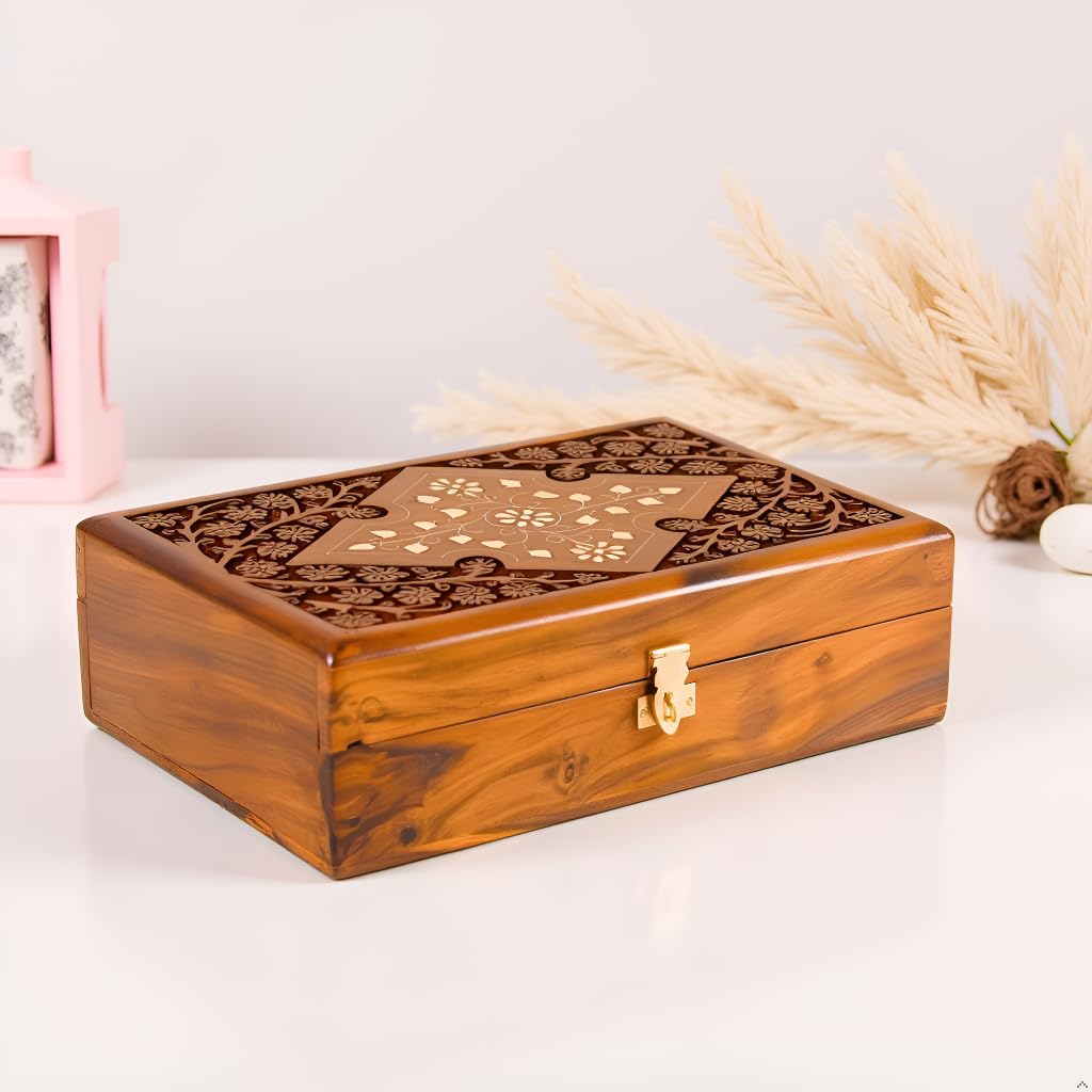 Wooden Jewelry Box with Exquisite Carving and Brass Inlay, Elegant Jewelry Organizer for Rings, Necklaces, and Bracelets, Handcrafted Storage Solution for Treasured Accessories