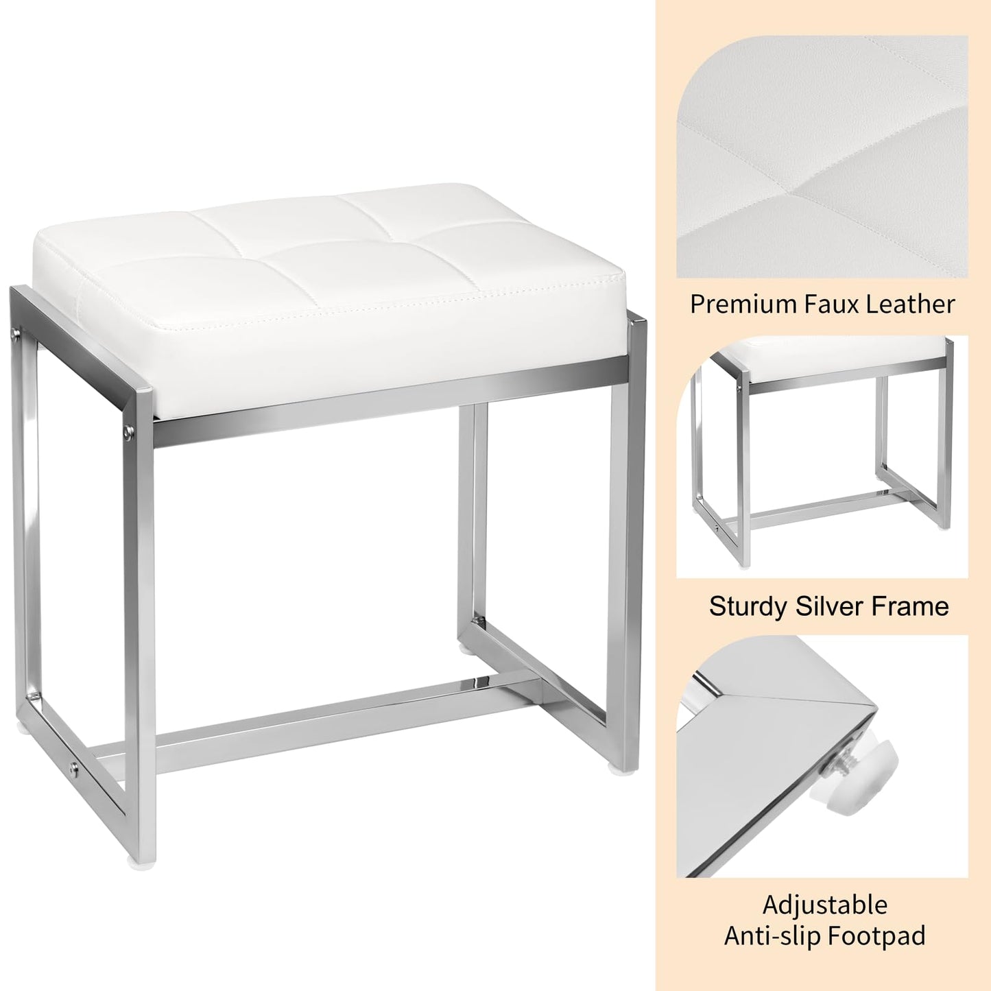 FLYZC Vanity Stool Chair, Modern PU Leather Ottoman Foot Rest for Vanity Bench with Silver Metal Legs, Multifunctional Chairs for Makeup, Bedroom, Living Room, Small Makeup Stools White&Silver