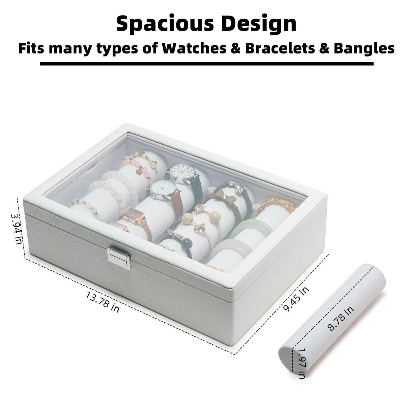 XHMQYC Bracelets Organizer Rods Bangles Display Holder, Clear See through Lid Leather Velvet Jewelry Storage Box Case for Women, 4 Rods White Leather