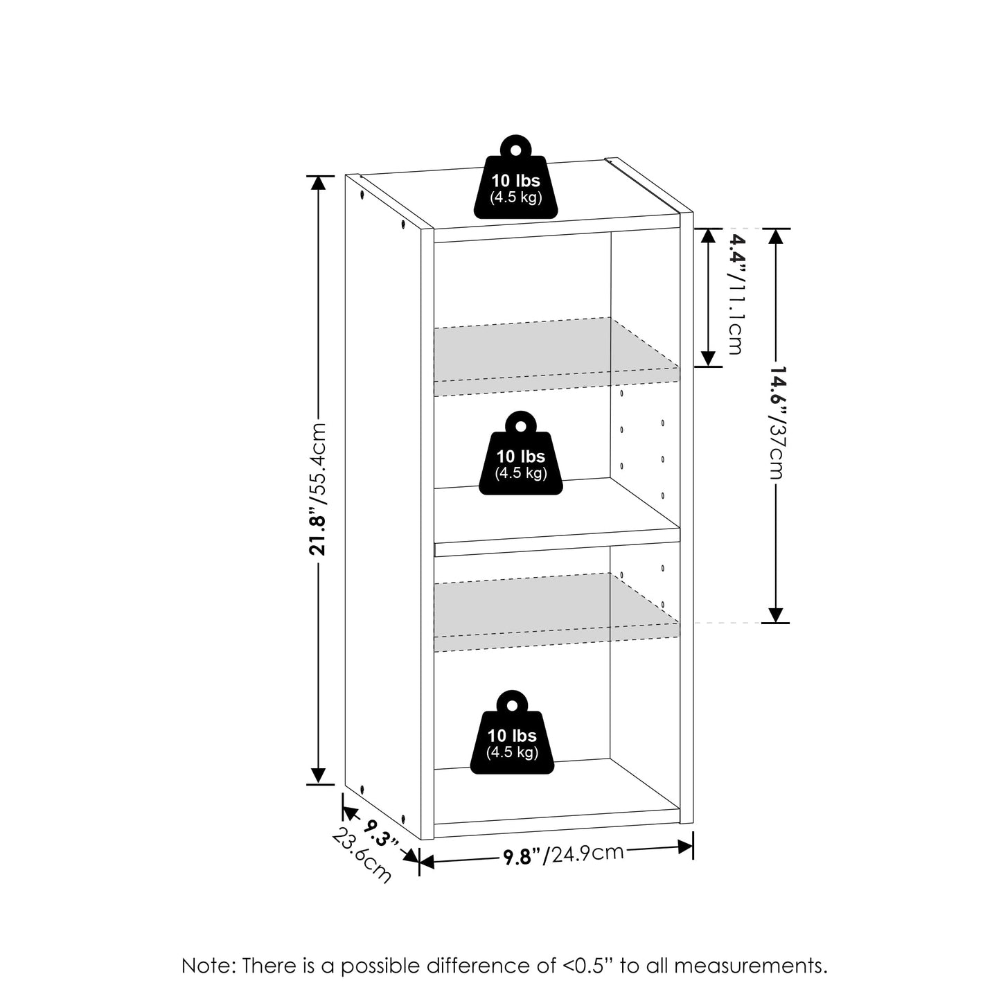 Furinno Fulda Book Shelf, 2-Tier Narrow Bookshelf, Bookcase with 10-in Width Storage Shelf, 9.3 x 9.8 x 21.2, for Living Room, Bedroom, Home Office, White