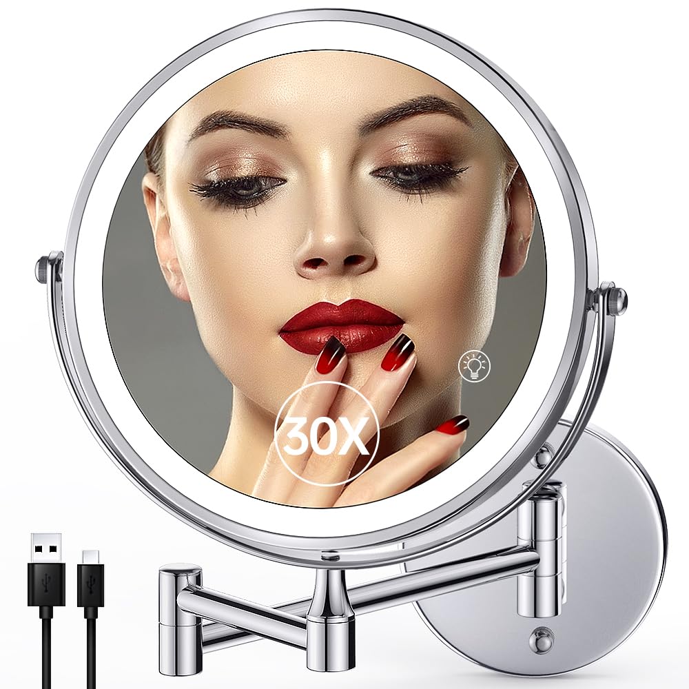 SANFANGIE Wall Mounted Lighted Makeup Mirror: 3000mAh Rechargeable Double Sided 1X/30X Magnifying Mirror with Light for Bathroom, 3 Color Lighting, Touch Screen Dimming, Extended Arm 360 Rotation
