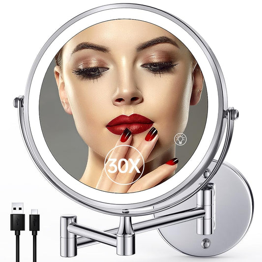 SANFANGIE Wall Mounted Lighted Makeup Mirror: 3000mAh Rechargeable Double Sided 1X/30X Magnifying Mirror with Light for Bathroom, 3 Color Lighting, Touch Screen Dimming, Extended Arm 360 Rotation