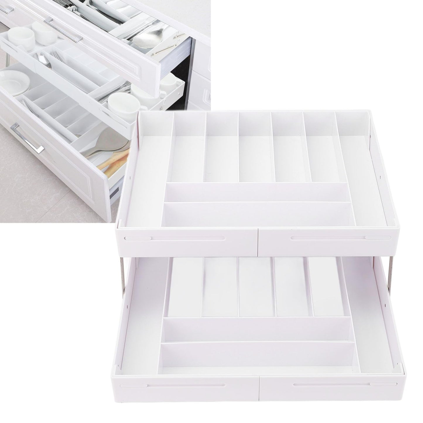 Extra Large and High Drawer Organizer, 2 Tier Smart Expandable Desk Organizer, Multi Level Junk Drawer Organizer for Makeup, Jewelry, Desk, Office Drawers (White)