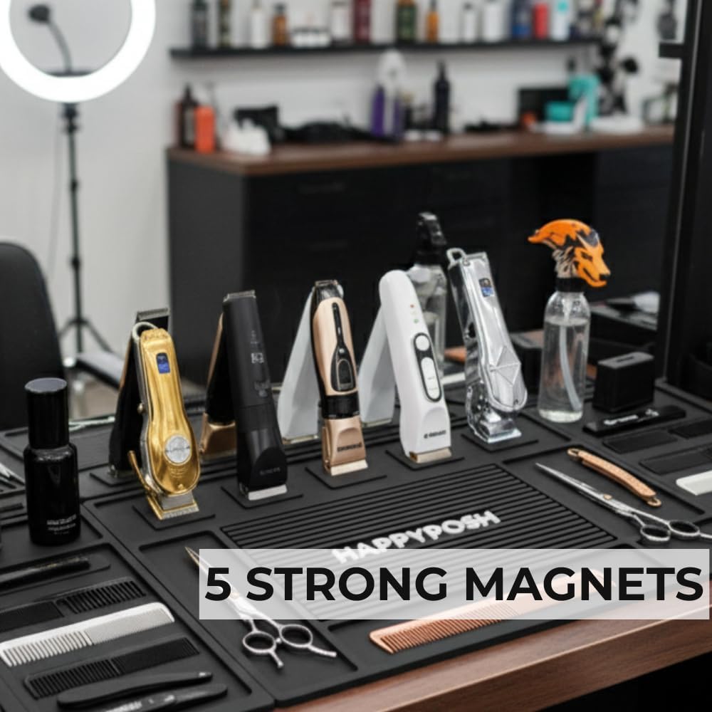 HAPPYPOSH Magnetic Barber Mats for Clippers, Large 4-Piece Modular Barber Station Organizer with 5 Strong Magnets, Non-Slip Magnetic Tool Mat for Professional Barber Shop & Salon Accessories