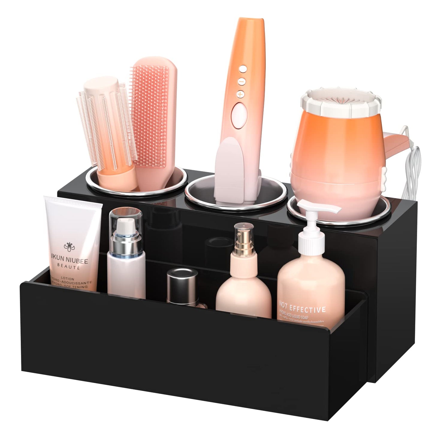 NIUBEE Hair Tool Organizer, Acrylic Hair Dryer and Styling Holder, Bathroom Countertop Blow Dryer Organizer, Vanity Storage Stand for Accessories, Makeup, Toiletries (Black)