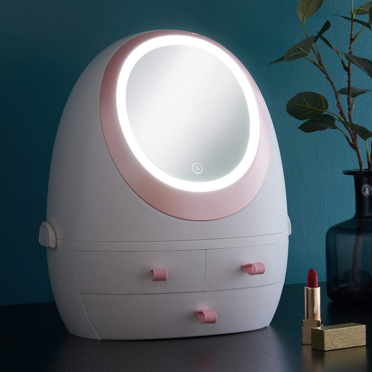 Sooyee Makeup Organizer,Bathroom Counter Organizer, Modern Jewelry and Cosmetic Display Cases with Led Lighted Mirror,Make Up Organizer Stands for Bathroom, Dresser, Vanity Countertop