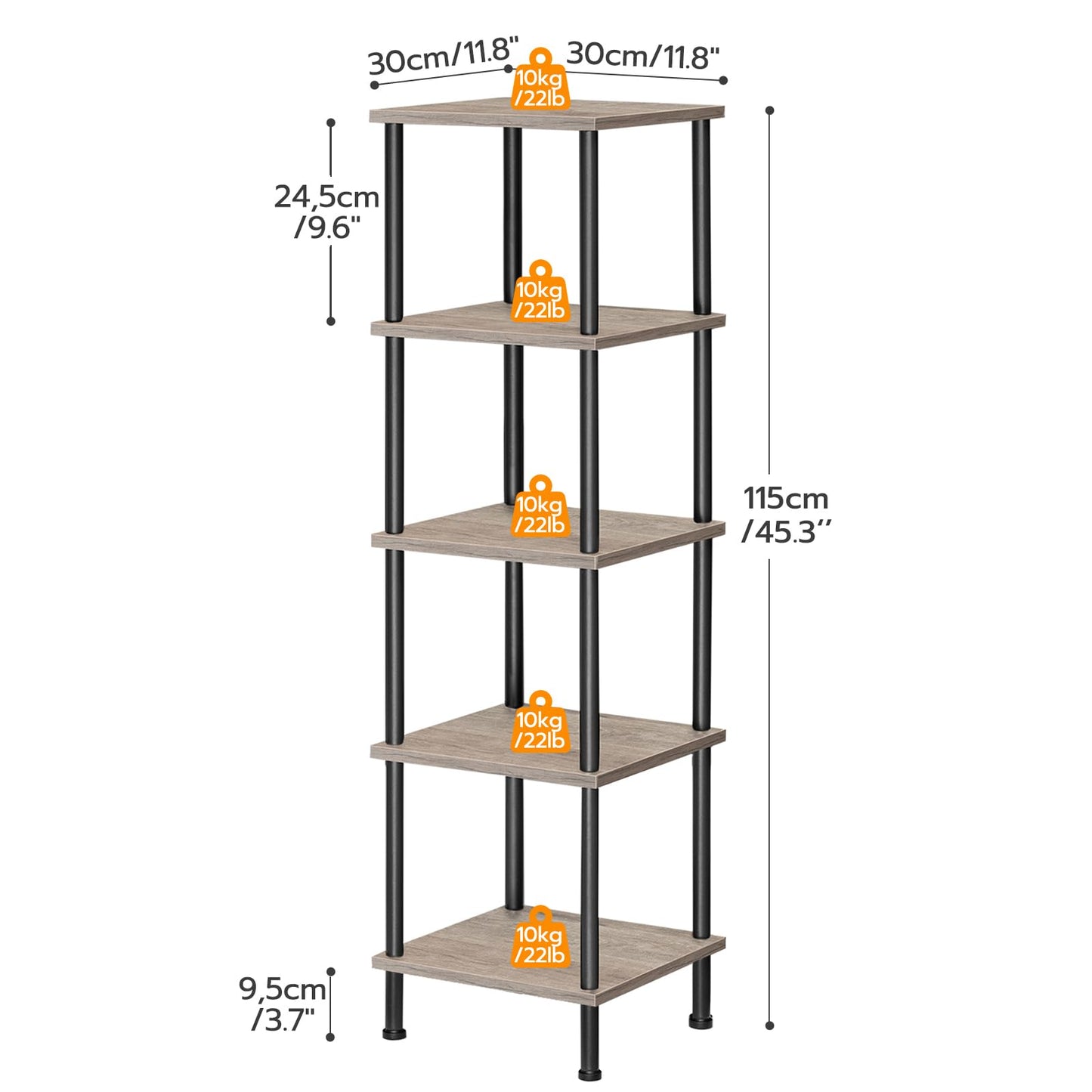 HOOBRO 5-Tier Corner Shelf Stand, Corner Square Rack Display Shelf, Tall Storage Rack Plant Stand, Bookcase for Small Spaces, Living Room, Home Office, Kitchen, Greige and Black BG50CJ01