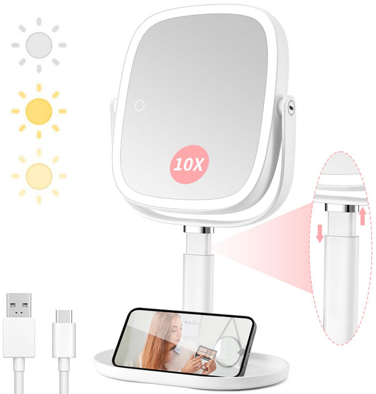 Lighted Makeup Mirror with Magnification,1x/10x Magnifying Mirror with Light Rechargeable,Height Adjustable Vanity Mirror with 3 Color Lights,Double Sided 360° Rotation,Memory Function