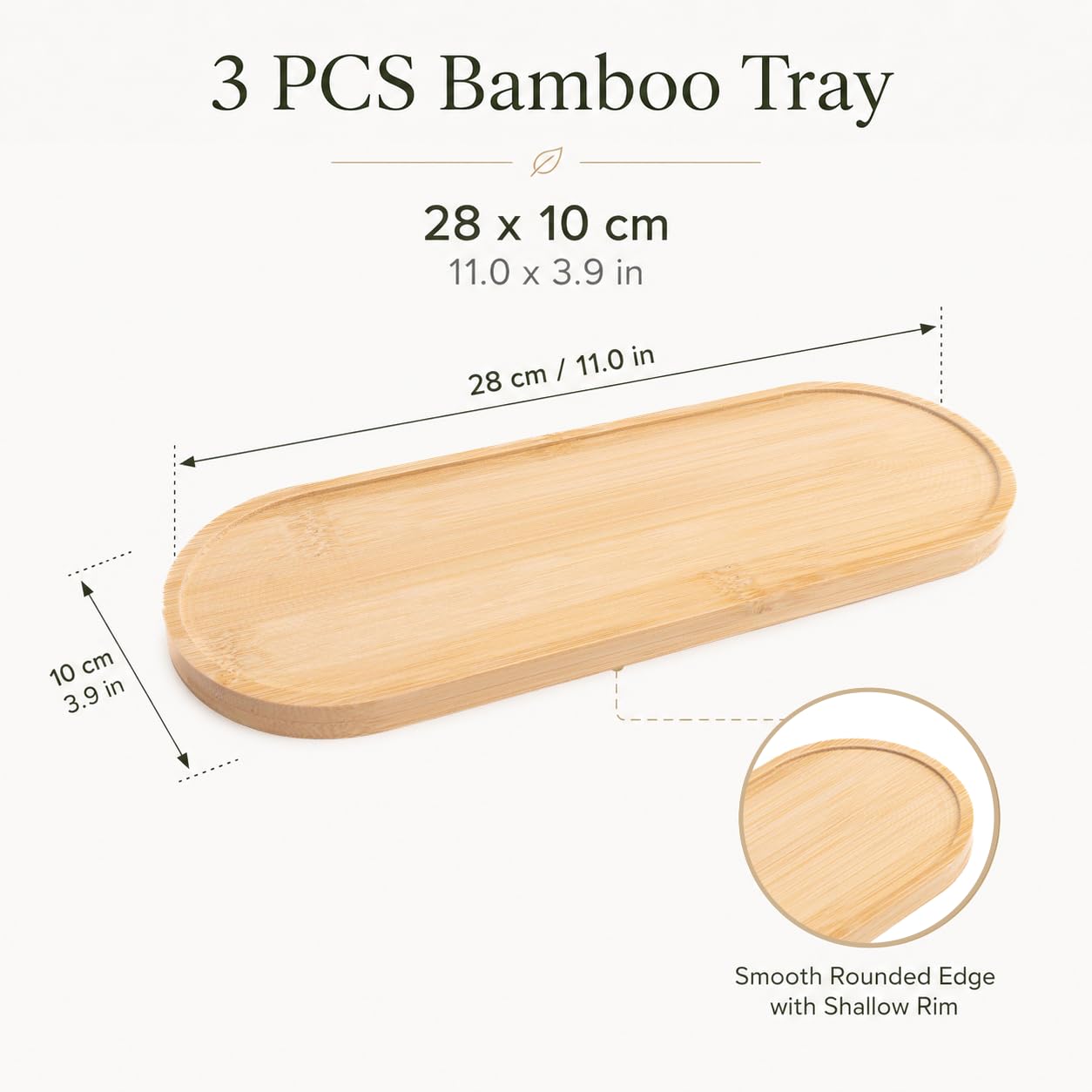 RVXHUA 3 PCS Bamboo Vanity Tray, 11 x 4 Inch Bamboo Serving Tray Set with Raised Rim, Small Wood Organizer Trays for Coffee, Snacks, Dessert, Bathroom Vanity, Kitchen Counter, Desk Decor - Oval