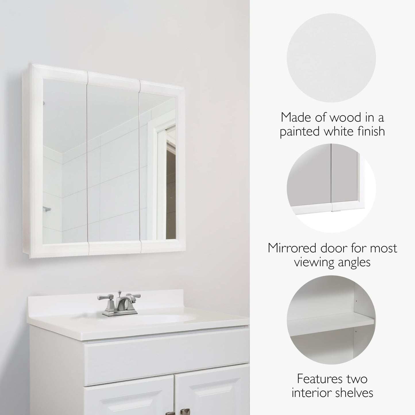 Design House Wyndham Bathroom Medicine Cabinet with Mirror, 30 Inch Wall Mount Medicine Cabinet, 3 Mirrored Doors, Bathroom Wall Cabinet with Storage, White, 30" W x 4.5" D x 24" H, 535864-WHT