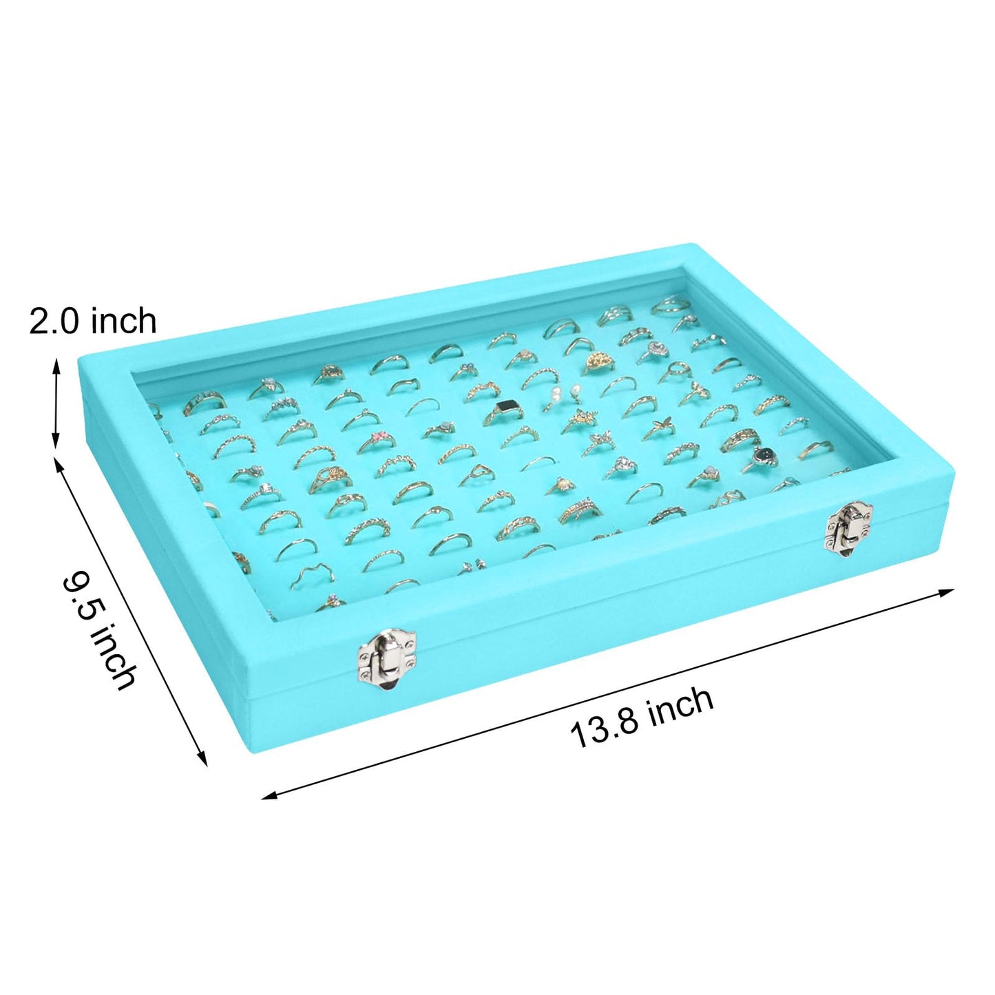 Siveit Velvet Ring Display Tray Organizer Box with Transparent Lid, 100 Slot Ring Holder Showcase For Store Display Jewelry Show Home, Ring Organizer For Rings Earrings (Light Blue)