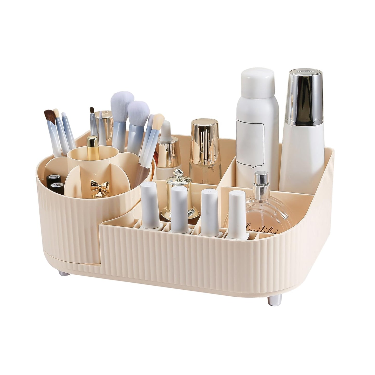 DASITON Large Capacity Makeup Organizer with 360° Rotating Makeup Brush Holder, Multi-Compartment Skincare and Cosmetic Storage for Vanity, Bathroom Countertop, Dresser, Desktop Storage Box (Cream)