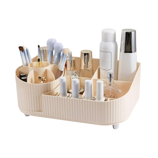 DASITON Large Capacity Makeup Organizer with 360° Rotating Makeup Brush Holder, Multi-Compartment Skincare and Cosmetic Storage for Vanity, Bathroom Countertop, Dresser, Desktop Storage Box (Cream)
