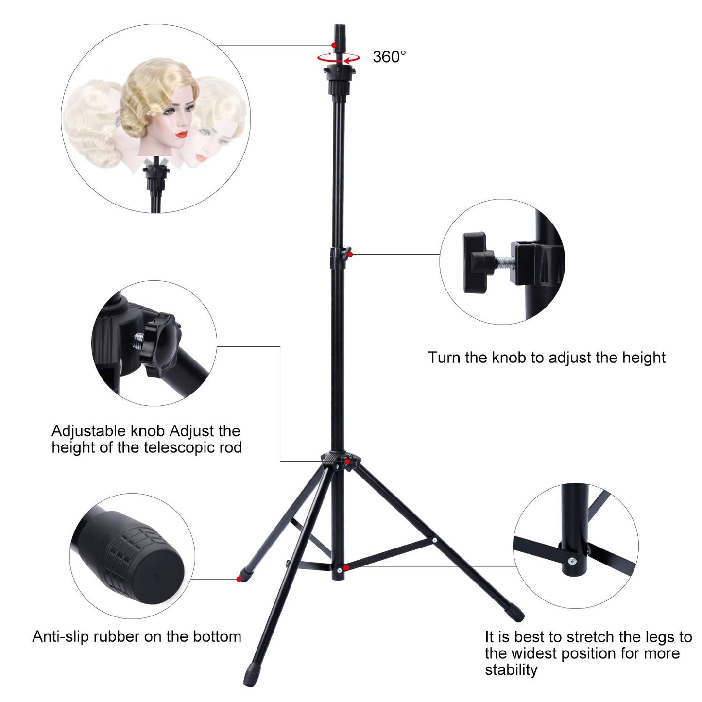 Klvied Reinforced Wig Stand Tripod for Mannequin Heads, Adjustable 34.64-51.48 Inch Wig Head Stand with 0.8 Inch Top Base, Carrying Bag, T-Pins, Wig Caps, Comb and Hair Clips