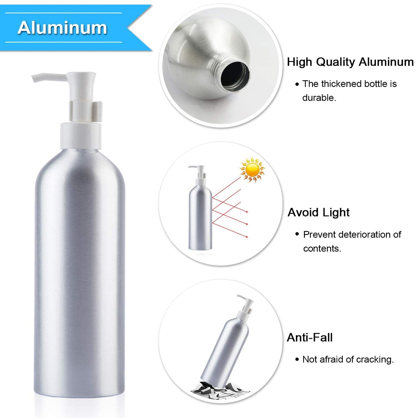 Pump Bottles Aluminum 500ml/16.9oz Metal Lotion Pump Bottle Refillable Soap Dispenser Shampoo Bottle with Lock for Hand Sanitizer Bath Gel Cream (2 Pack)
