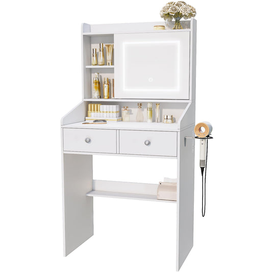 Viaozutis Small Makeup Vanity Desk with Sliding Mirror & Dimmable LED Lights, White Vanity Table with 2 Drawers, Hidden Storage, Power Outlets, USB Ports & Hair Dryer Holder for Bedroom(White)