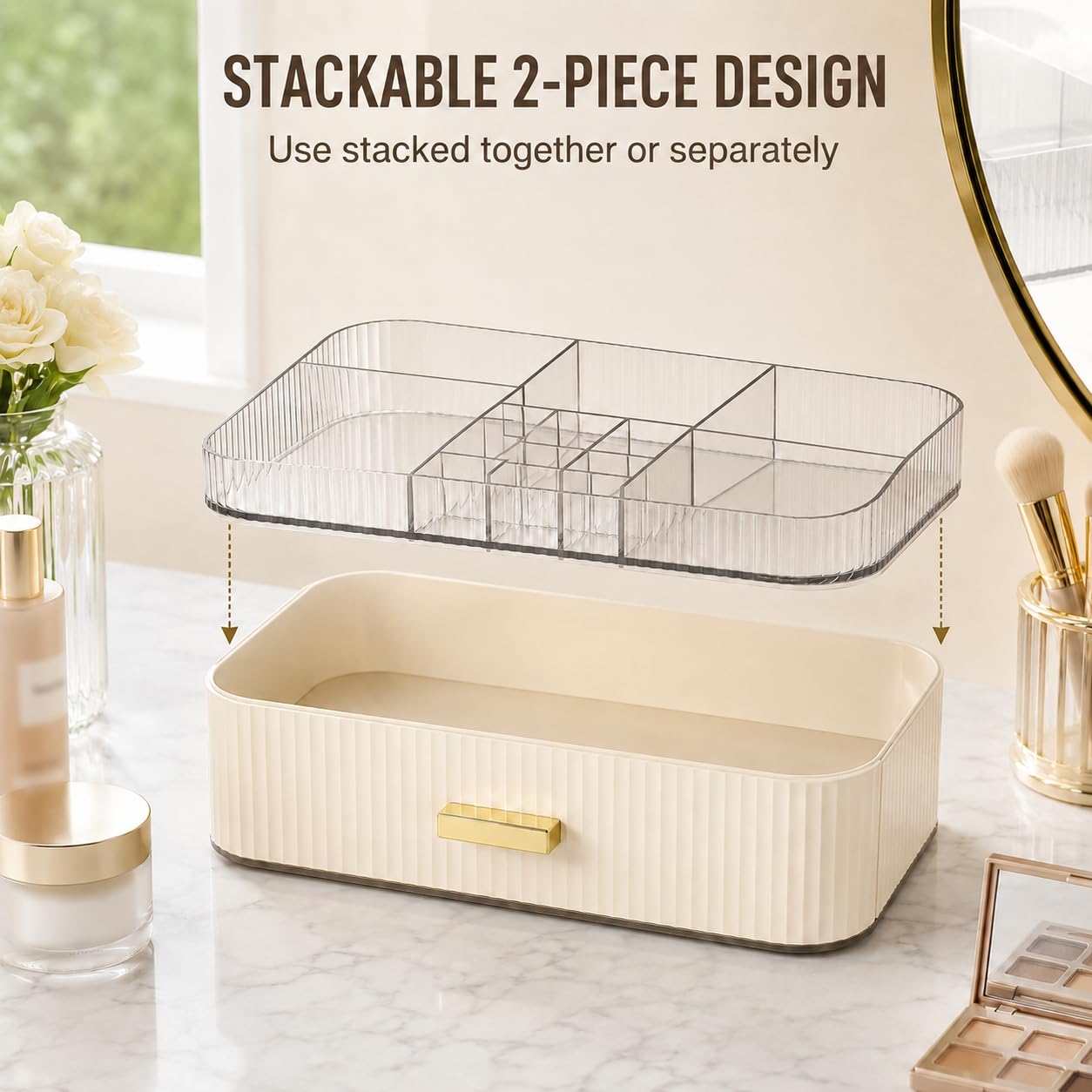 Decorcode Makeup Organizer with Wide Drawer for Vanity, Stackable Cosmetic Organizer Countertop, Clear Skincare Storage for Bathroom Counter, Perfume, Lipstick, Brushes and Palettes, Cream White