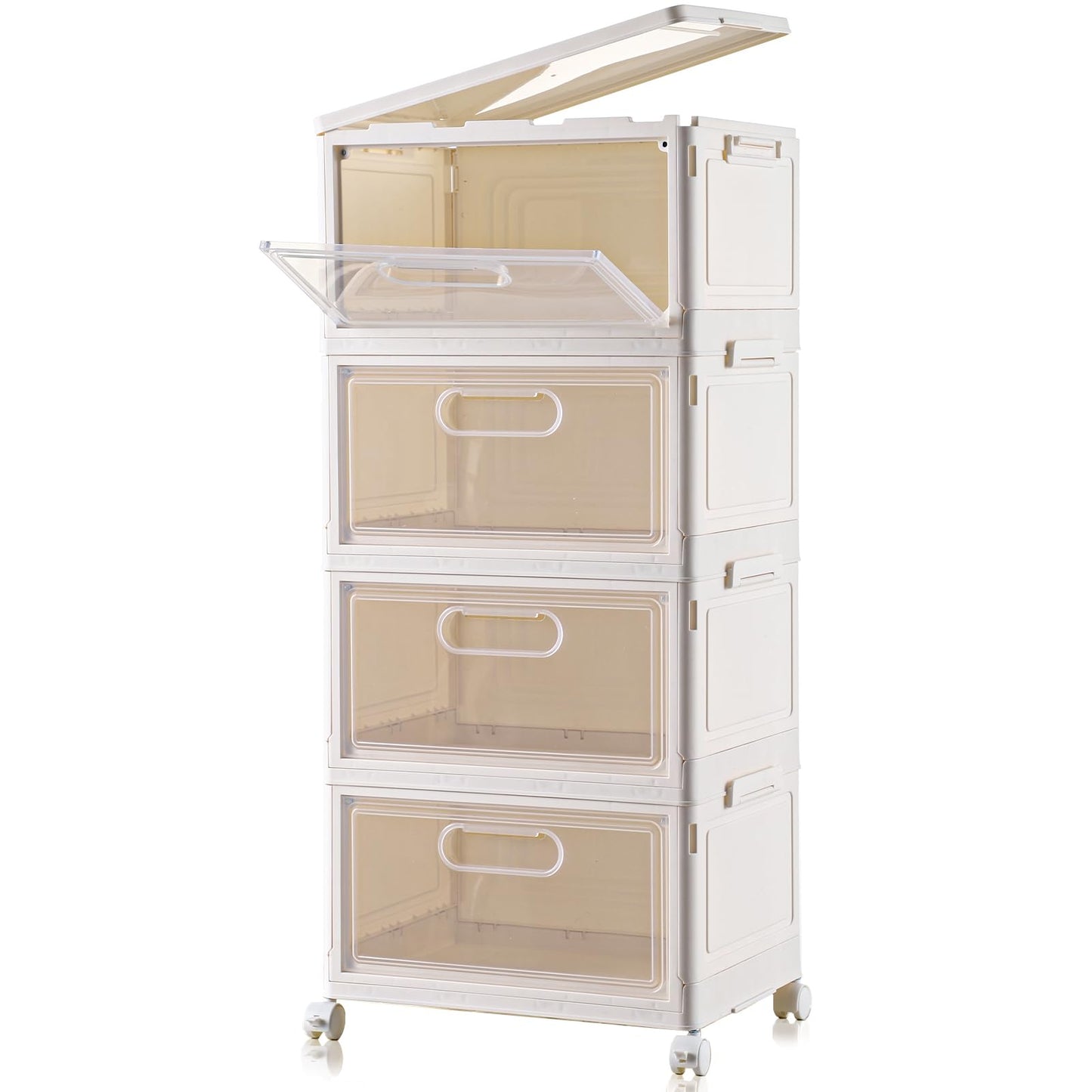Freebat 4-Tier Stackable Storage Bins with Lid, 23QT Storage Containers,Clear Foldable Plastic Drawer Storage on Wheels,Closet Organizers and Storage for Living Room,Bedroom,Office,Dorm