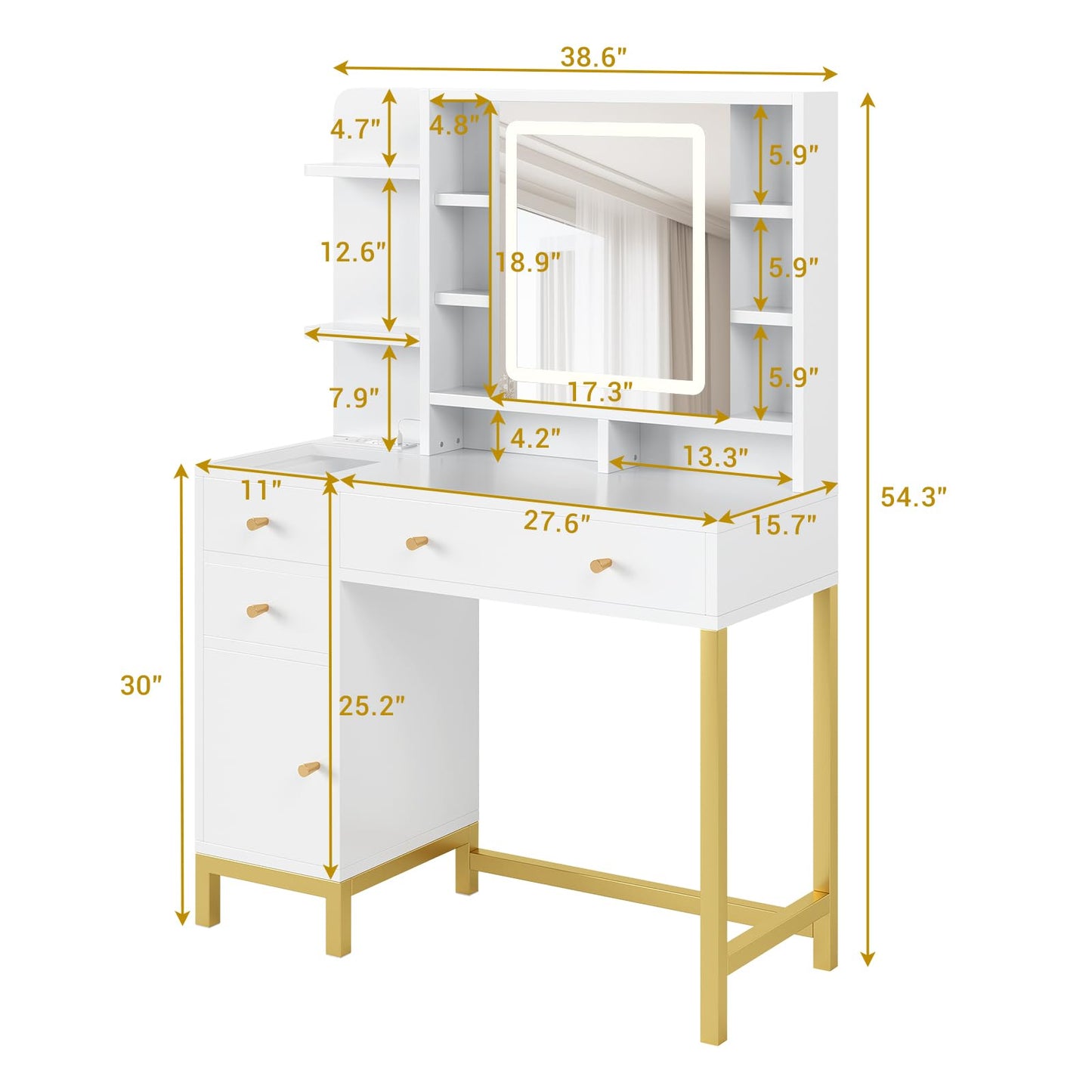 BouPower White Makeup Vanity Desk with Adjustable LED Light Mirror, Dressing Table with Power Charging Station, 3 Lighting Colors, Modern Bedroom Vanity Table