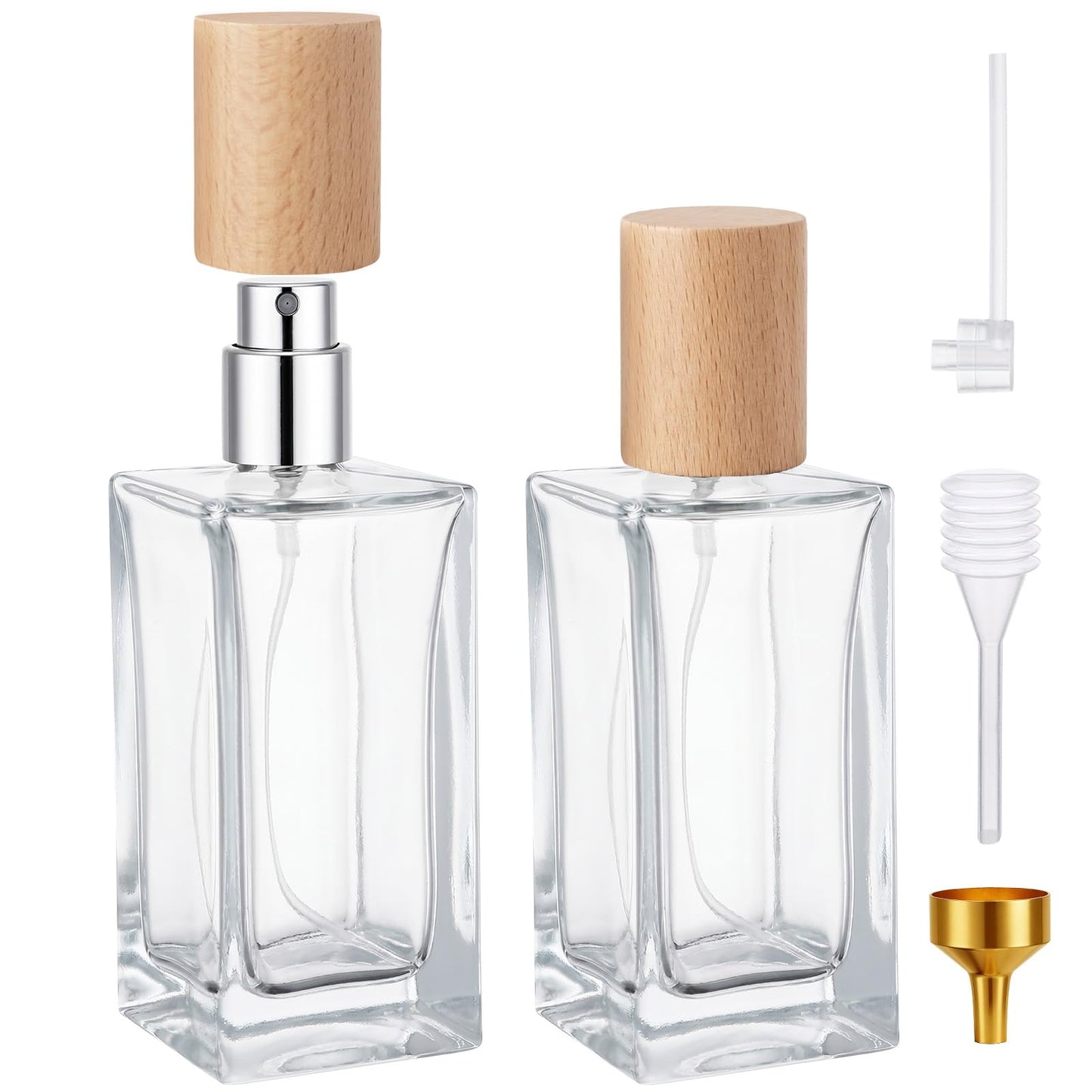 Segbeauty 1.7oz Clear Glass Perfume Spray Bottles for Travel, 2pcs Light Wooden Cap Cologne Atomizer Set with Perfume Transfer Tool, 50ml Fine Mist Sprayer for Cosmetic Liquids, Empty Cologne Bottles