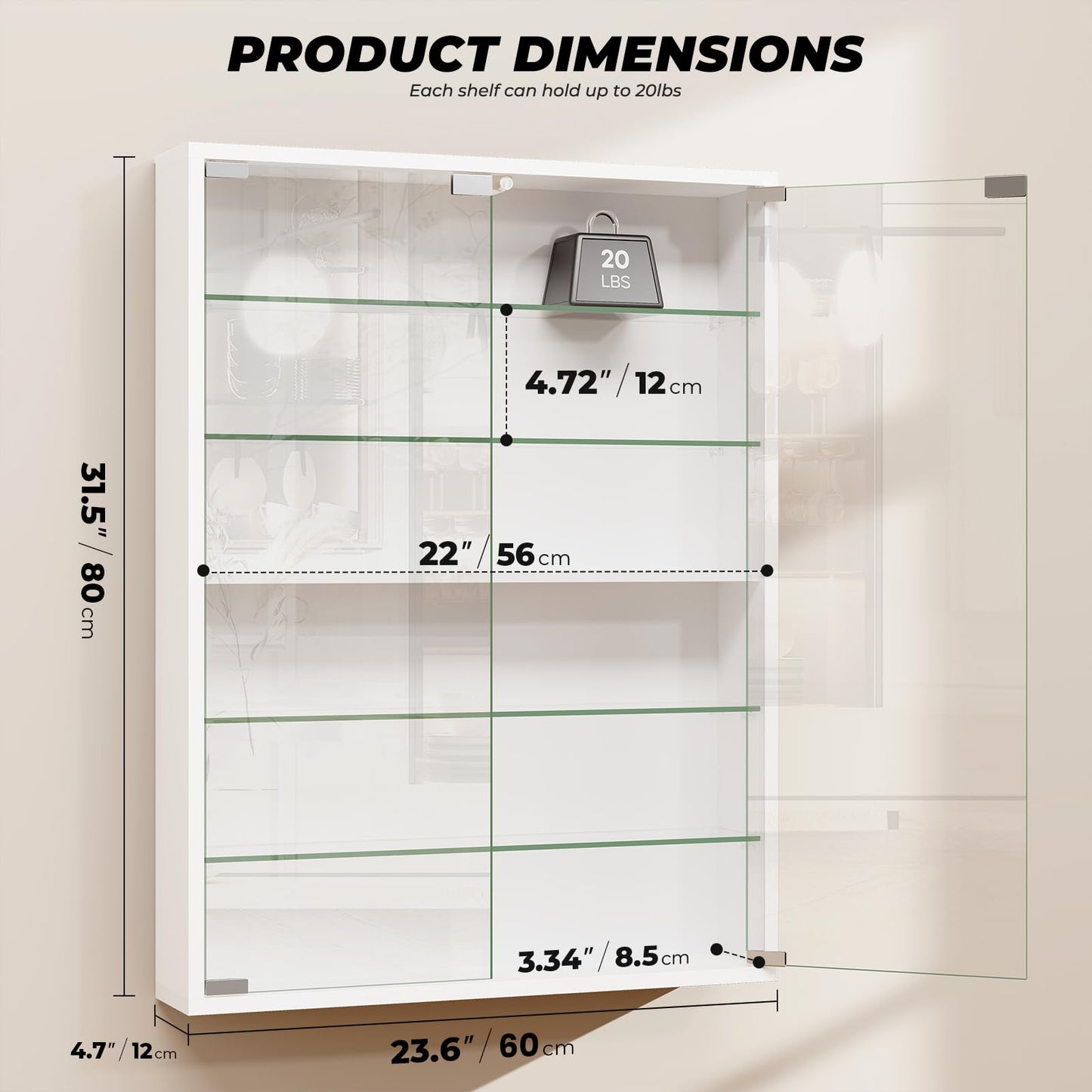 Aauro Home 6-Tier Wall Display Case with Glass Doors, LED Display Cabinet with Adjustable Glass Shelves, Display Case for Collectibles, White