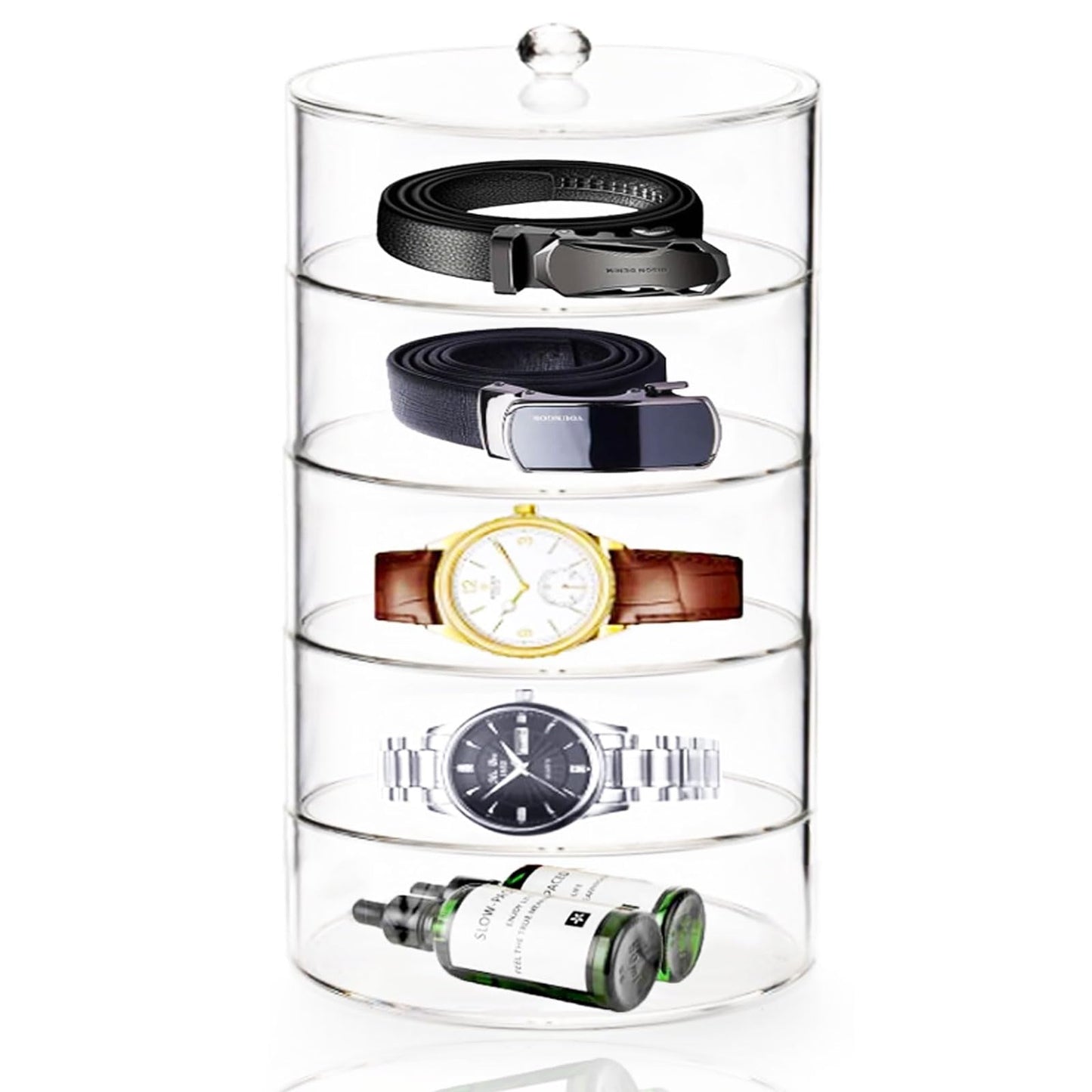 QTLCOHD 5 Layer Acrylic Belt Organizer, Clear Stackable Storage Box for Closet, Drawer, Belts, Watches, Jewelry and Accessories