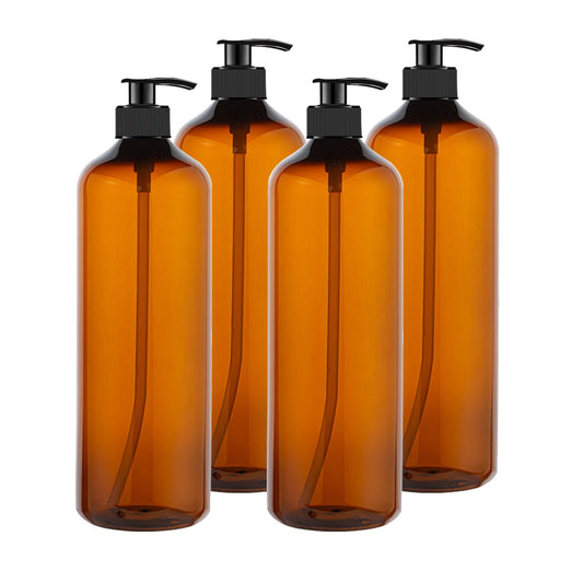 zmybcpack 4 Pack 32 OZ Empty Plastic Pump Bottles With 1 Pen, Labels & Silicone Funnel, Amber Empty Shampoo Bottles with Pumps For Body Wash, Shampoo, Massage Lotion, Gel