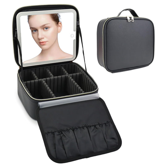 SLUMAZI Travel Makeup Bag with LED Mirror Travel Makeup Organizer with 3 Lighted Settings, Adjustable Dividers and Makeup Brush Storage Bag Black