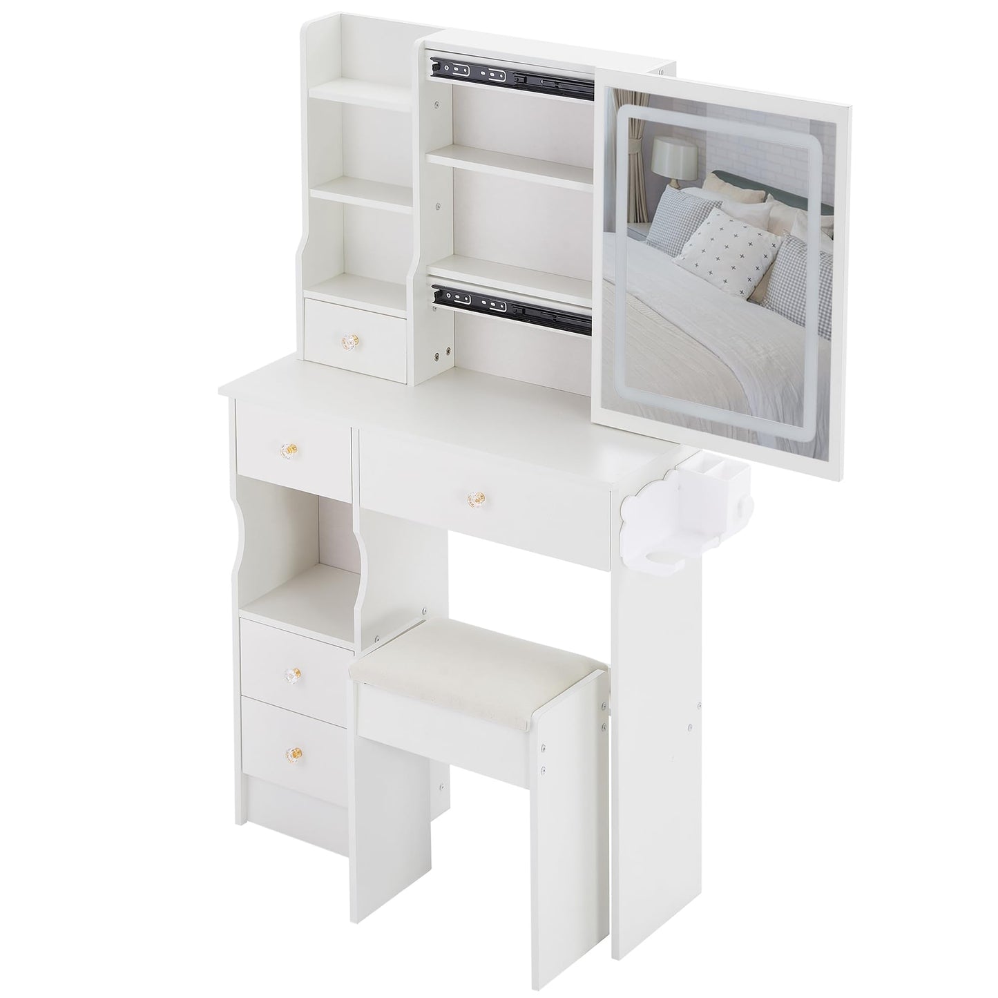 KEIKI Vanity Desk with Mirror Light and Charging Station, Makeup Vanity Table with Stool, Storage Drawer & Hair Dryer Holder, 29.2" Small Dressing Table Set with Tri-Color Lighting for Bedroom, White
