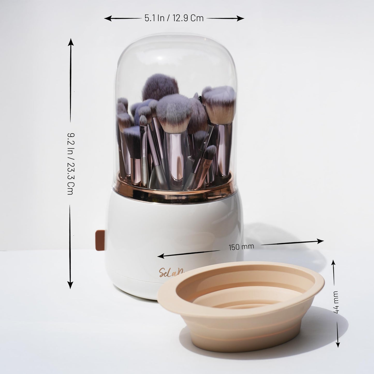 Selanoir Rotating Makeup Brush Holder with Lid Dustproof Vanity Organizer for Makeup Brushes, Bonus Foldable Makeup Brush Cleaner Bowl Included