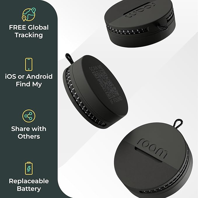 Roam Smart Tracker | Smart Bluetooth Item Finder Compatible with iOS & Android | Built-in Elastic Strap | Replaceable Battery | No Extra App or Subscription | 4-Pack, Blue, Black, Pink & Green
