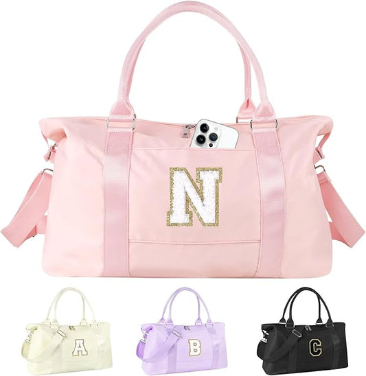 Dance Gym Duffel Bag for Teen Girls, Personalized Initial Travel Weekender Bag,Cute Overnight Carry On Duffle for Women,Sports Travel Cheer Bag,Monogram Christmas Gifts for Tween Preppy(pink-N)
