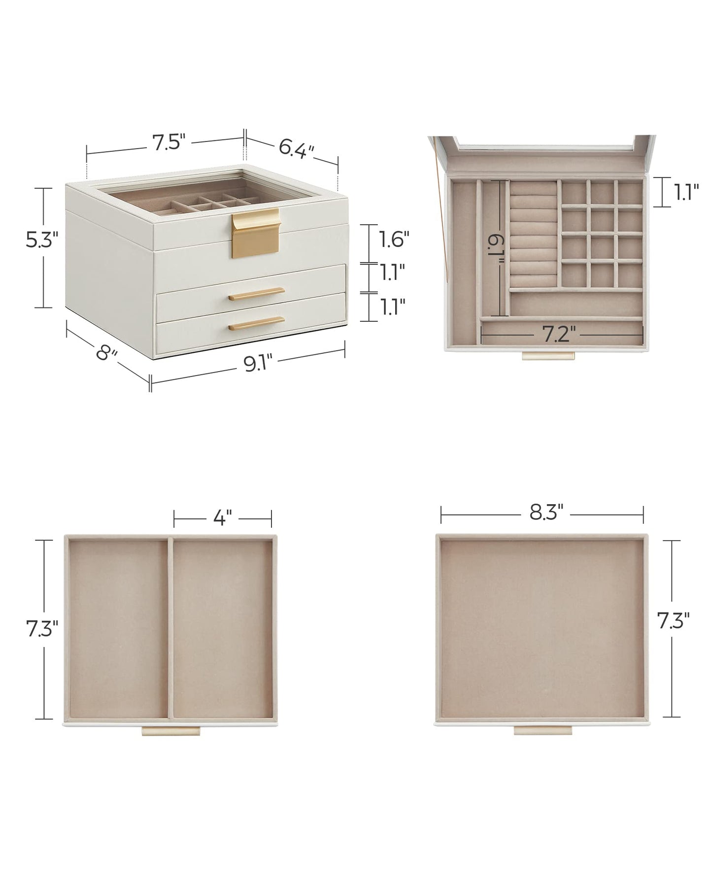 SONGMICS GISELLA Collection - Jewelry Box Organizer with Glass Lid, 3-Layer Jewelry Storage, with 2 Drawers, Modern Style, 8 x 9.1 x 5.3 Inches, Cloud White and Gold Color UJBC239WT