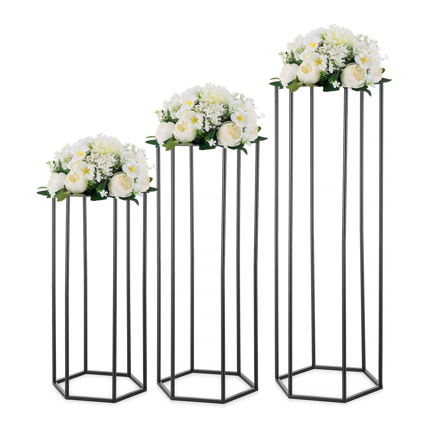 Inweder Black Hexagon Pedestal Stands with White Flower Ball for Party