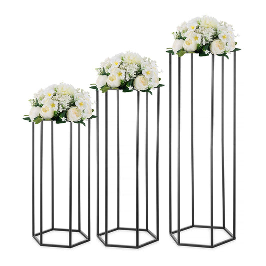 Inweder Black Hexagon Pedestal Stands with White Flower Ball for Party