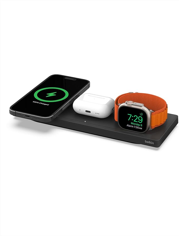 Belkin MagSafe 3-in-1 Wireless Charging Pad - Fast Wireless Charging for Apple Watch, iPhone 17, iPhone 16, iPhone 15, & iPhone 14 Series, & AirPods - Charging Station for Multiple Devices - Black