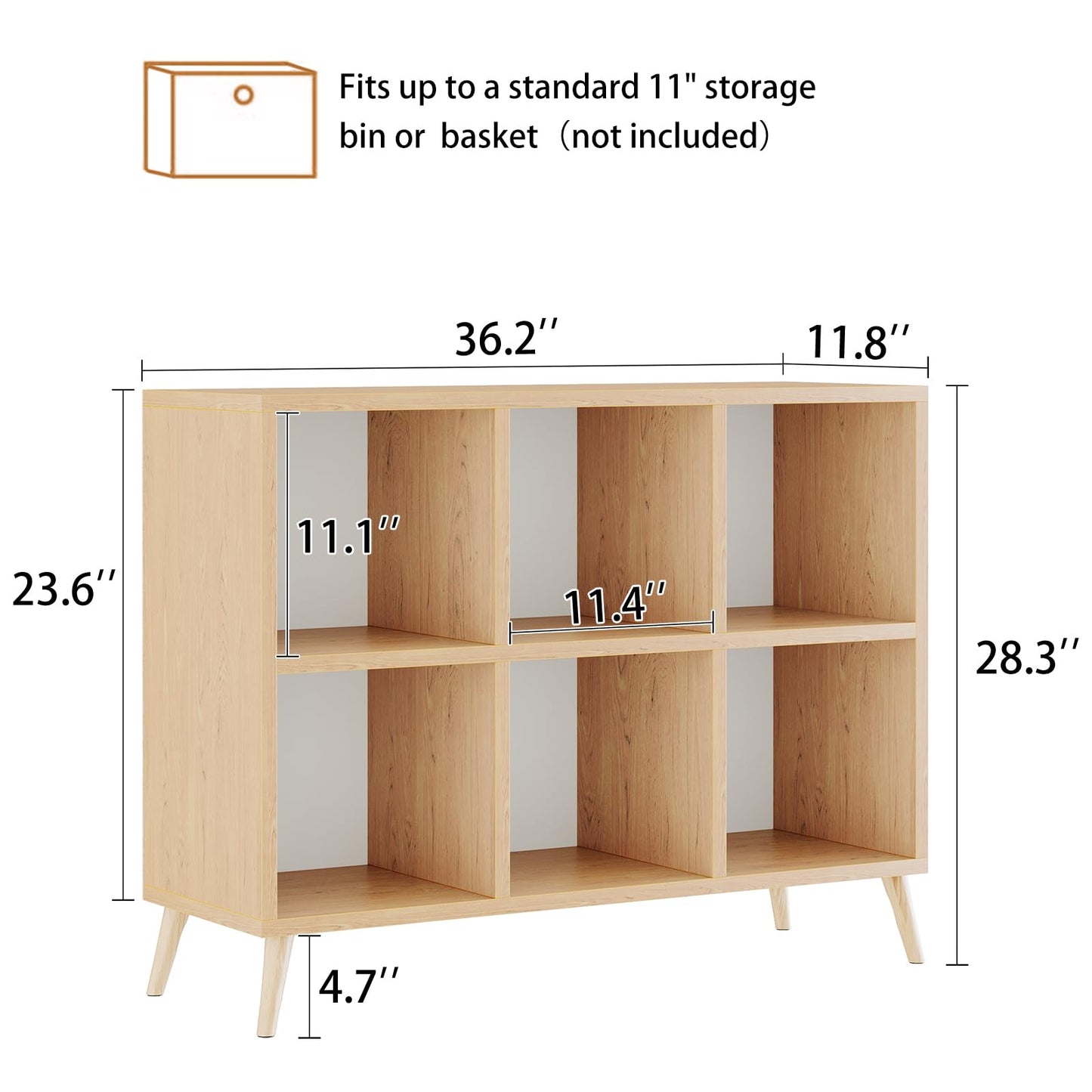 Flrrtenv 6 Cube Storage Organizer, Wood Bookcase with Legs, Modern Freestanding Cubby Shelving Unit, Book Shelf Toy Storage Cabinet for Bedroom, Living Room, Kids Room, Fits 11 Inch Bins, Natural
