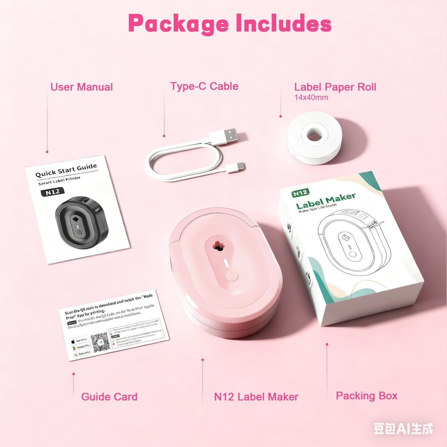 HKHKPI Label Maker Machine with Tape, Small Portable Bluetooth Label Printer, Handheld Mini Labeler for Home, Kitchen, Office, Waterproof Label Makers for Labeling, Gift, Kids School Items, Pink
